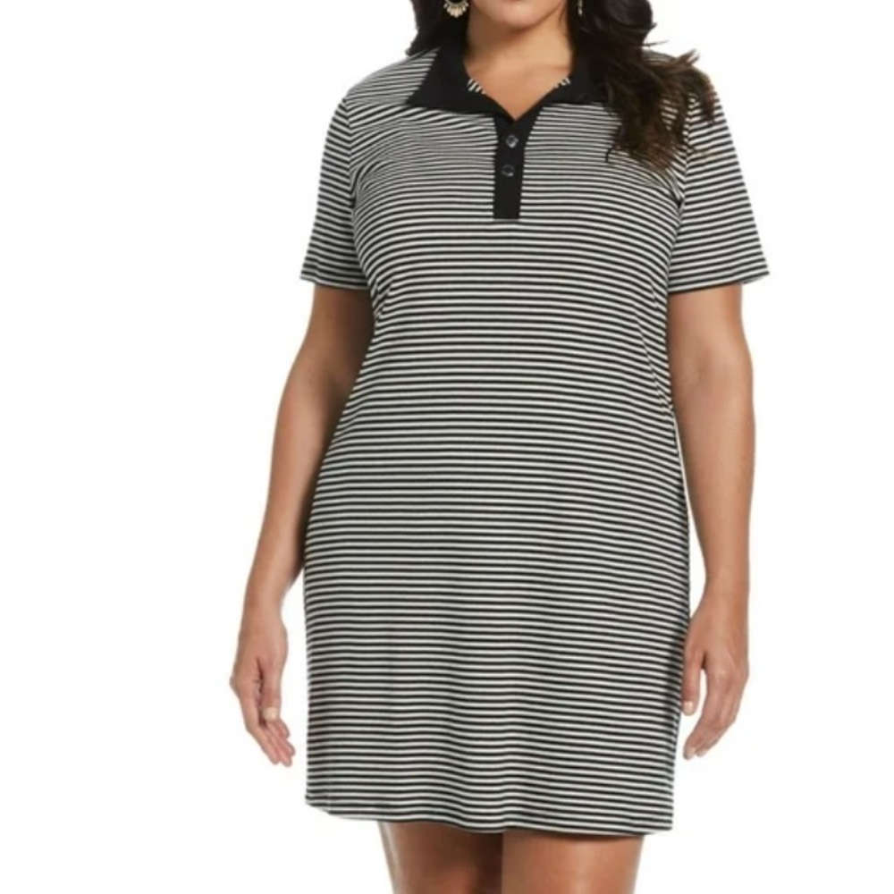Rafaella Women's Plus Size Classic Fit Short Sleeve Dress Blk White Striped XXL